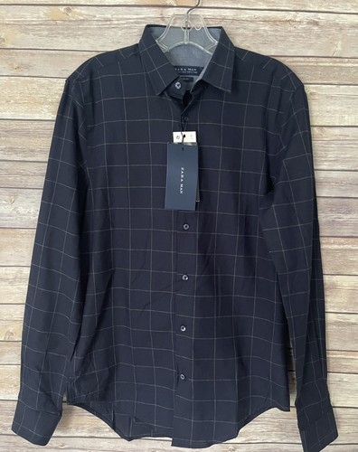 Zara Man Sz Small Slim Fit Navy Blue Window Pane Cotton Flannel Shirt Plaid