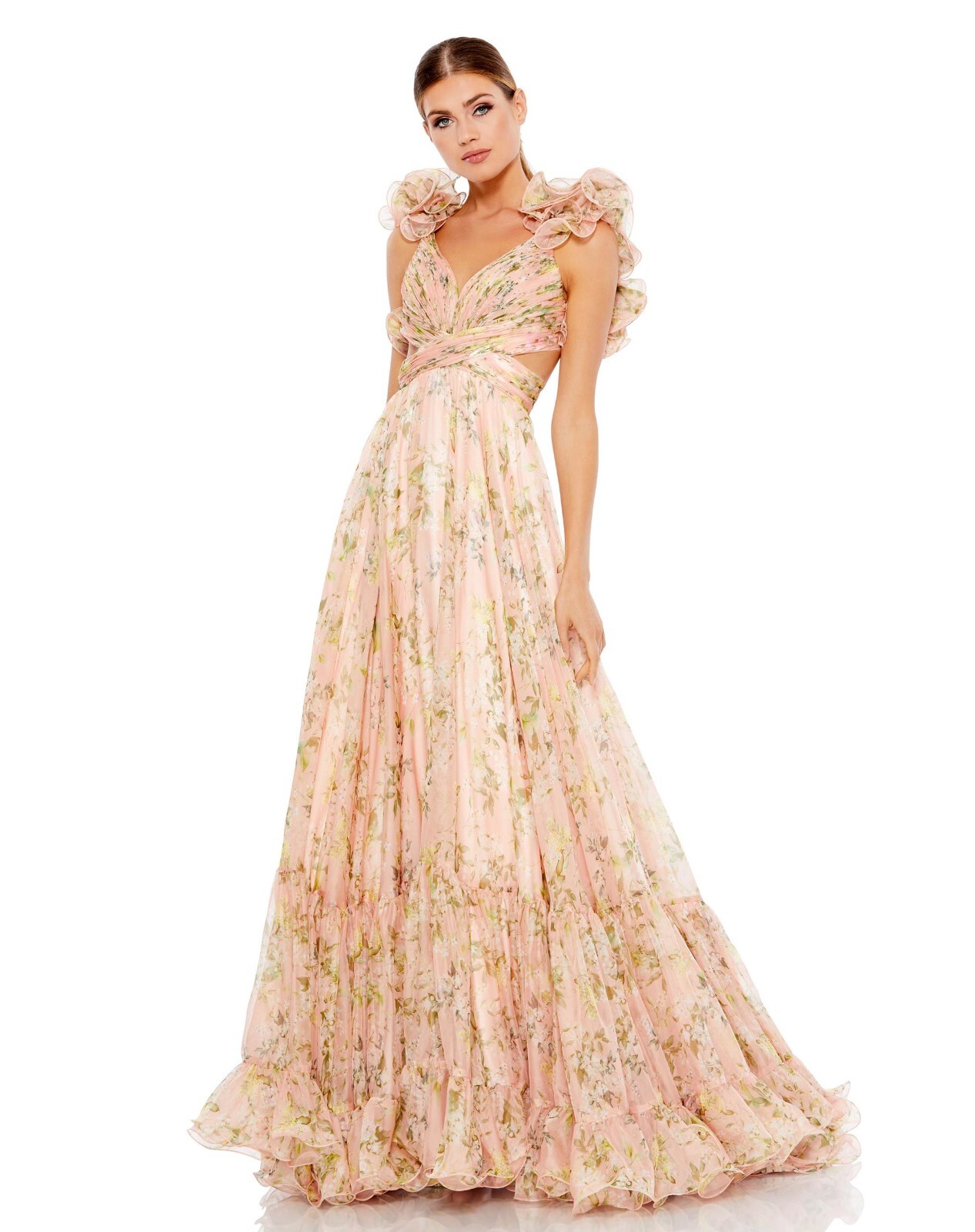 NWOT MAC DUGGAL RUFFLE TIERED FLORAL CUT OUT FLORAL PINK