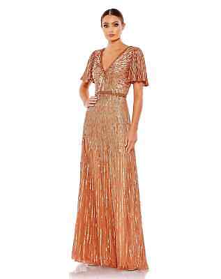 Mac Duggal 5538 Butterfly Sleeve Embellished V-Neck Column Gown Copper size 14