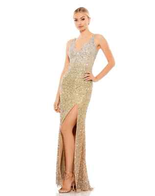 Mac Duggal 1068 Sequined Sleeveless V-Neck Side Slit Gown Shimmering Gold Size 4