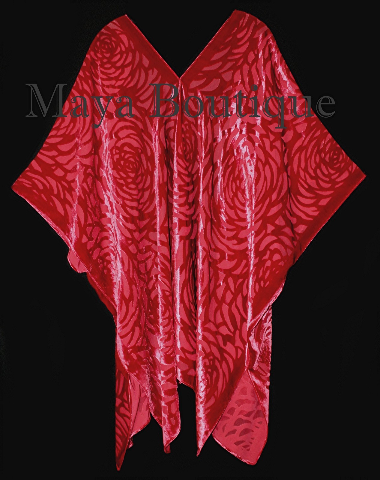 Pre-owned Maya Matazaro True Red Camellia Burnout Velvet Caftan Kimono Jacket Usa Made