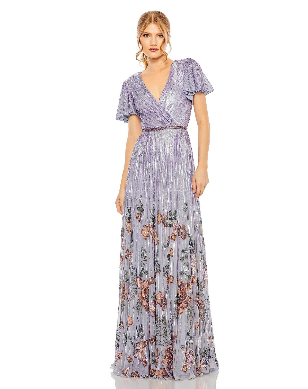 MAC DUGGAL Vネックフローラルメッシュパフスリーブドレス 長袖 NWT, MAC DUGGAL V Neck Sequin Gown - Lilac SZ 12 #WD317 | eBay
