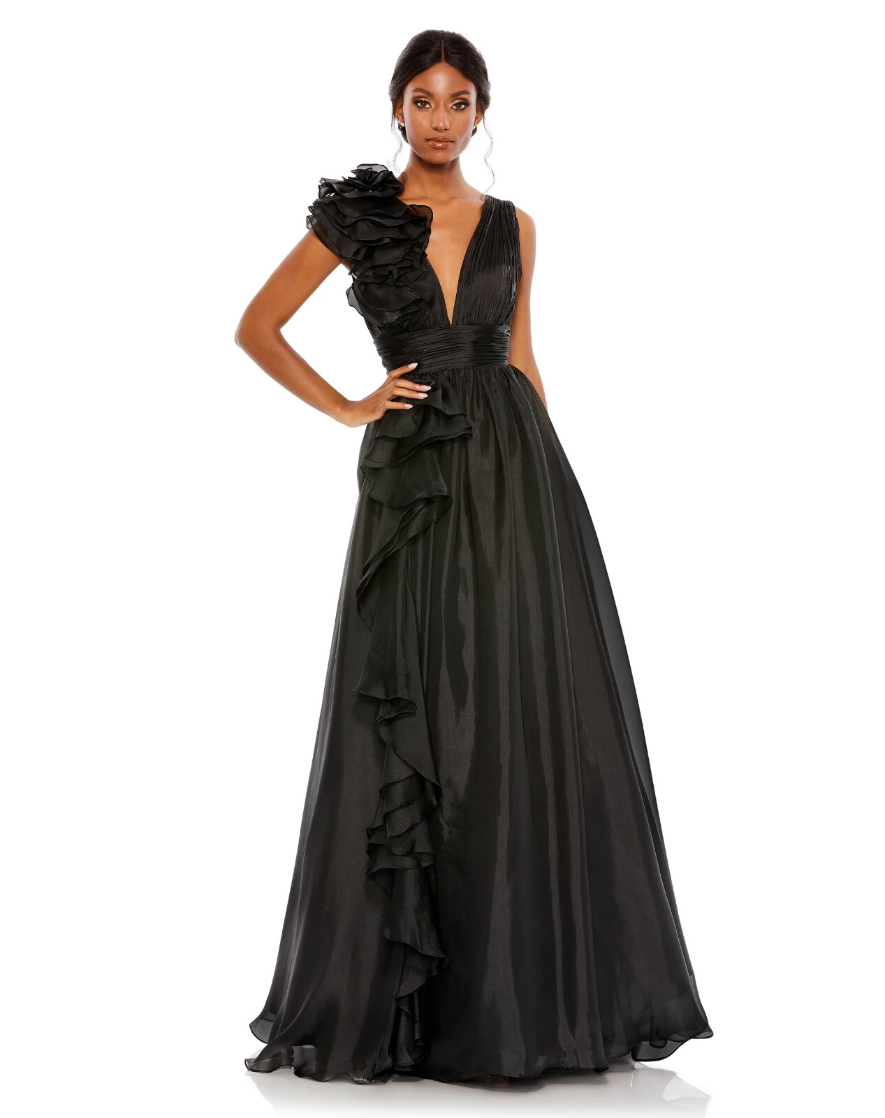 MAC DUGGAL 48856 Черное бальное платье с рюшами на плечах и V-образным вырезом, завышенная талия 2 = XS