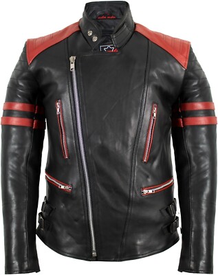 MDM RETRO MOTORRAD LEDERJACKE 80´S OLDSCHOOL IN SCHWARZ / ROT PROTEKTOREN ROCKER