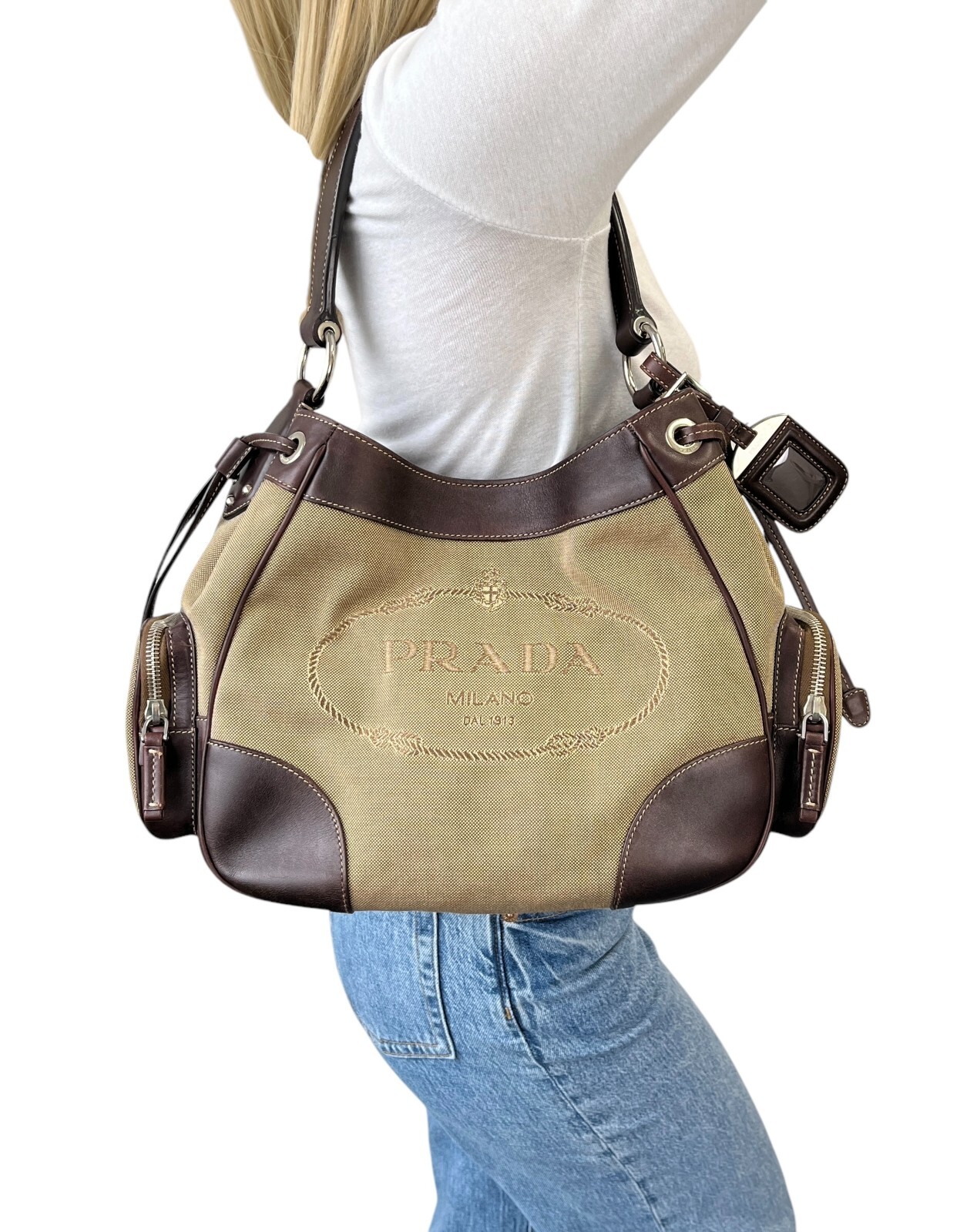 【PRADA】LOGO SHOULDER BAG PRADA Vintage Jacquard Logo Shoulder Bag Brown Silver Cotton