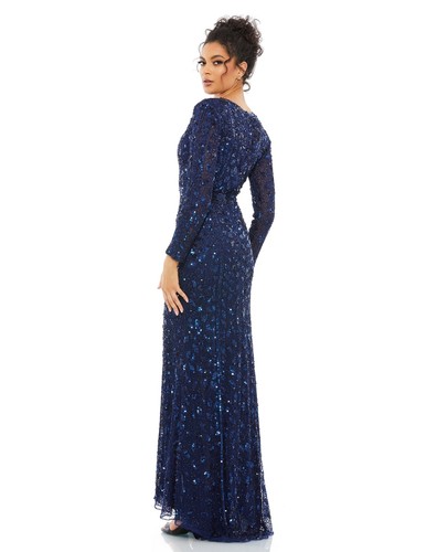 Pre-owned Mac Duggal 5002 Embellished Long Sleeve Evening Gown Sz 10 Midnight $598