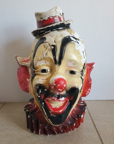 Clown Head Bank Chalkware Figural Chippy Weathered Creepy