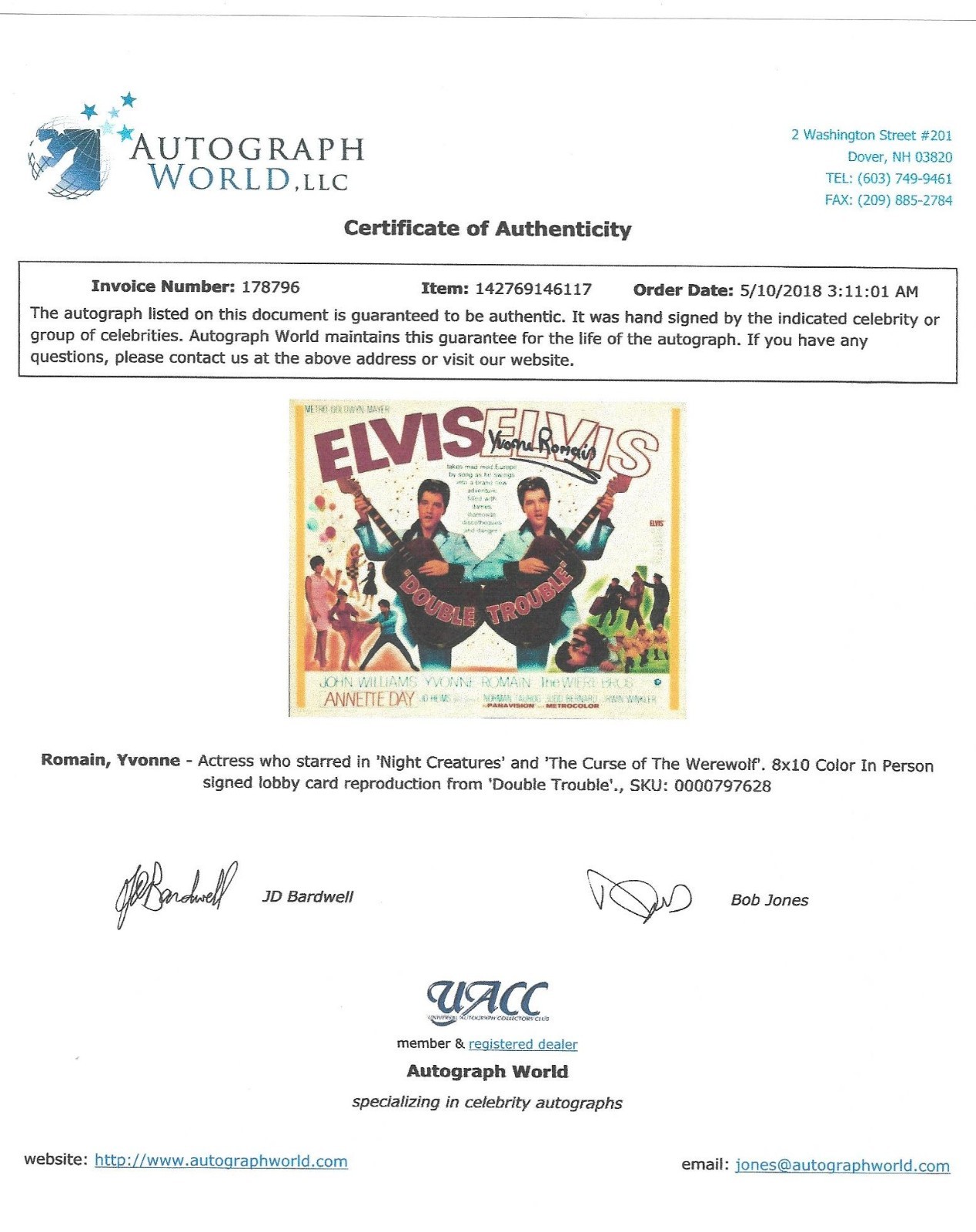 Yvonne Romain autographed 8x10 photo COA Double Trouble 'Claire Dunham' ELVIS
