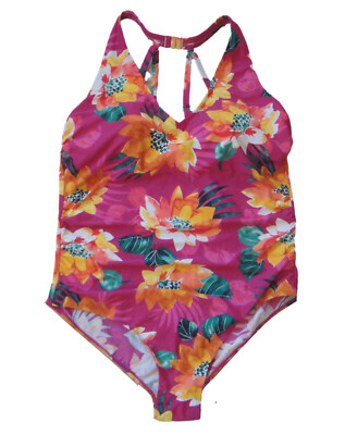 Kona Sol  Women's Plus Size One Piece Halter Top Swimsuit Pink Floral,