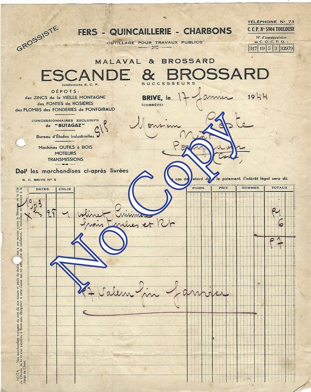Facture Ancienne 1944. CorrÃ¨Ze. Escande & Brossart .Brive La Gaillarde.