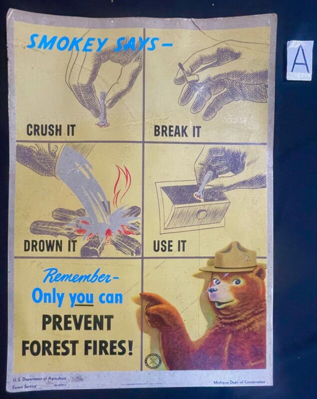 1948 Vintage Original Smokey Bear Waxed Cardboard Fire Prevention Poster damaged