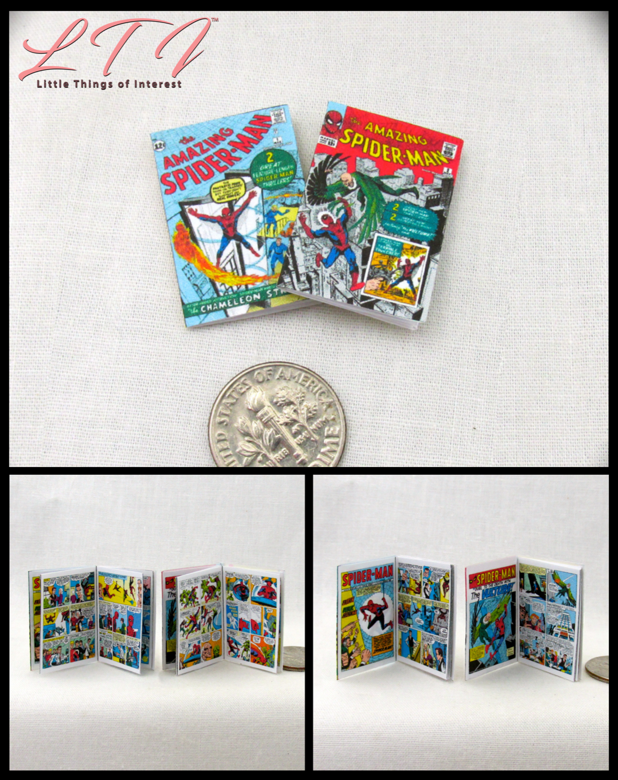 SPIDER-MAN COMIC BOOKS 2 Dollhouse Miniatures Illustrated Readable 1:12 Scale