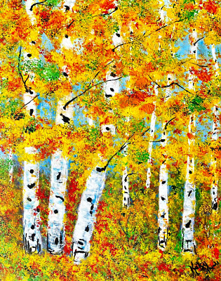 Golden aspen birch trees painting print of original 3.5x2.5 fall forest mini art