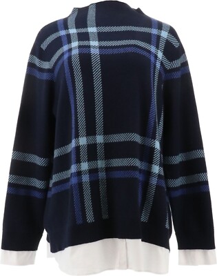 Isaac Mizrahi Plaid Jacquard Sweater Woven Hem Navy XL NWOT (176)