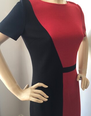 Pre-owned St John Knit Dress Size 4 Black Caviar, Burnt Red Milano Knit Wool Rayon