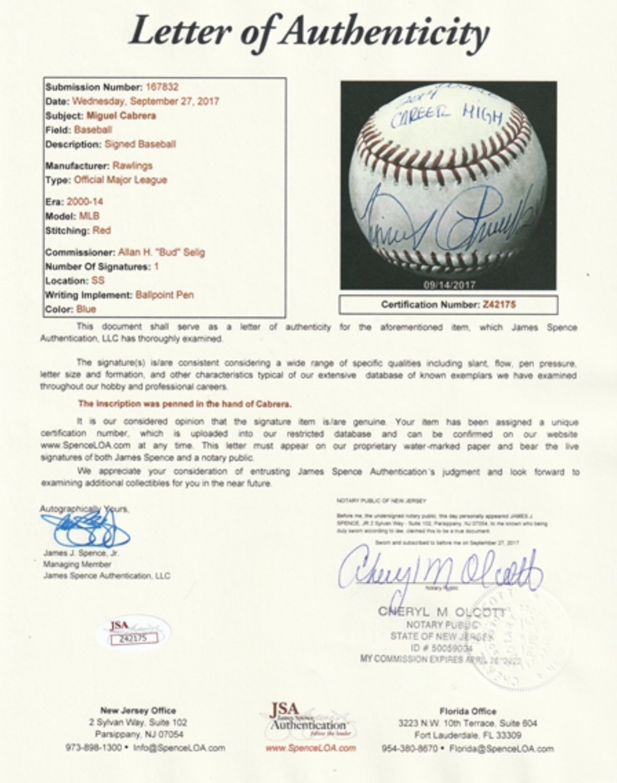 Miguel Cabrera Game Used Hit Baseball Career High 52nd Double 9/26/14 JSA MLB ??