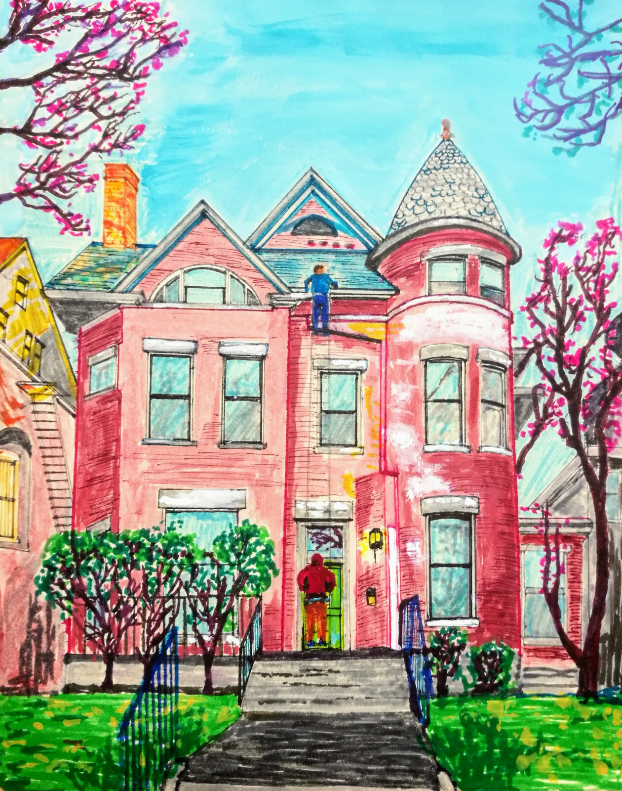 Original brush pen /acrylic painting drawing house - old