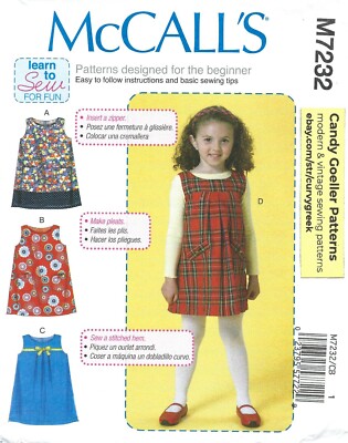 McCall's M7232 LEARN TO SEW Series Jumpers w Hem Band, Front Pleat Sz 1-3 UNCUT