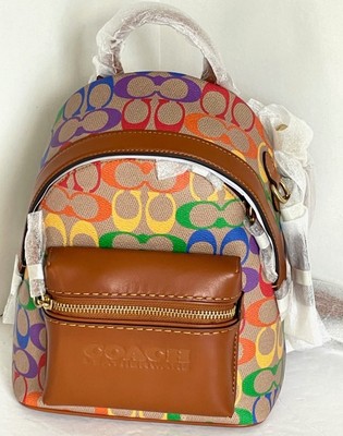 Pre-owned Coach Charter Backpack 18 Small Brown Leather Rainbow Signature Canvas Org Pkg