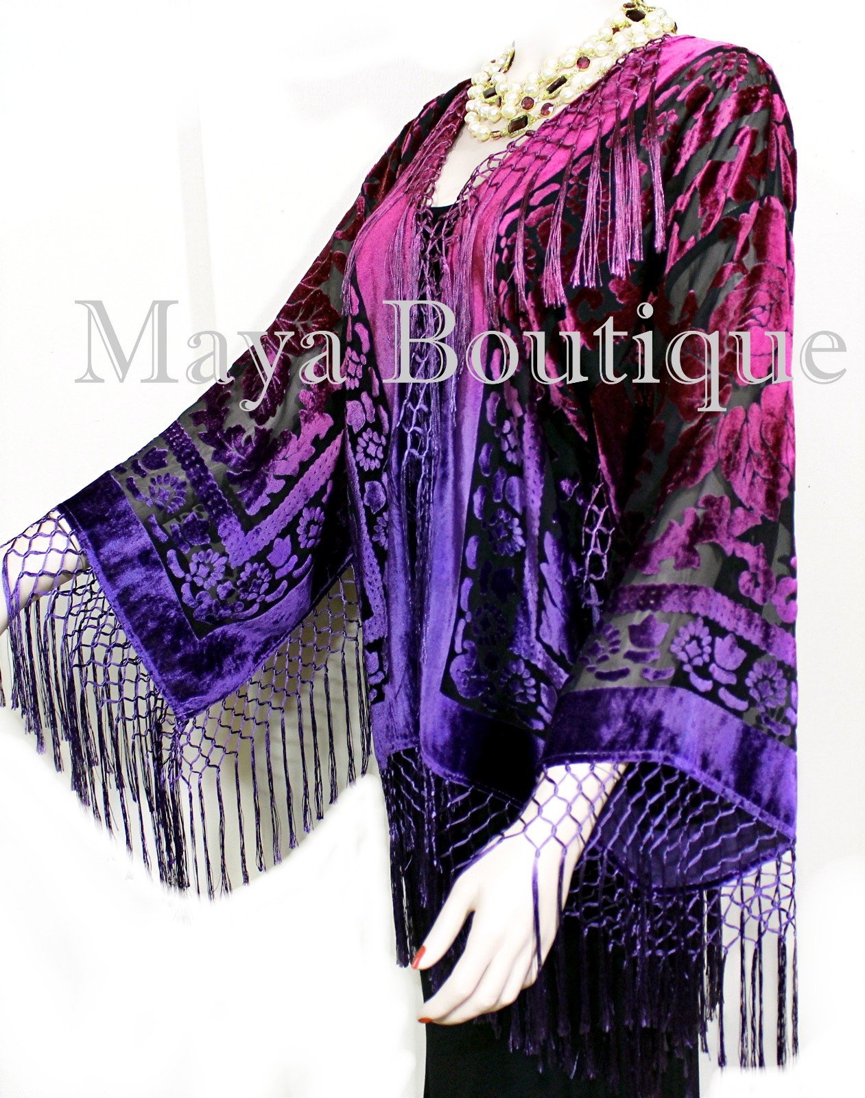 Pre-owned Maya Matazaro Art To Wear Burnout Velvet Kimono Jacket Hand Dyed Violet Magenta  In Violet Magenta Ombre