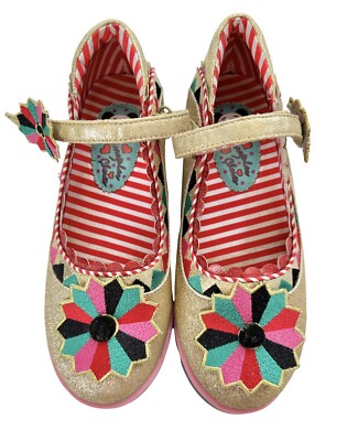 IRREGULAR CHOICE Womens Gold Panda Strap Striped Flats Shoes Size 35EU / 4AU