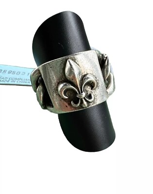 Stigma Mens Silvertone and Black Fleur de Lis Wide Ring Jewelry Size 9 NEW