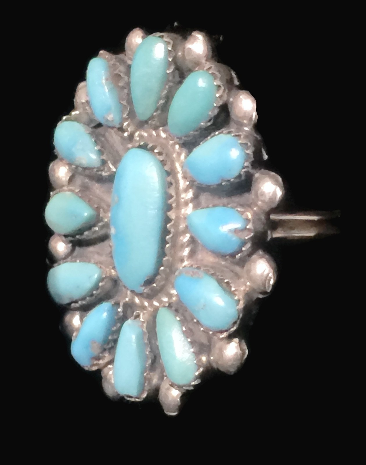 Vintage Flower Turquoise Petite Point Southwest Sterling Silver Ring Size 6.50