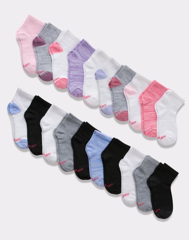 Hanes Ankle Socks 20-Pack Girls Lightweight Soft Stretch Assorted Colors sz S-L