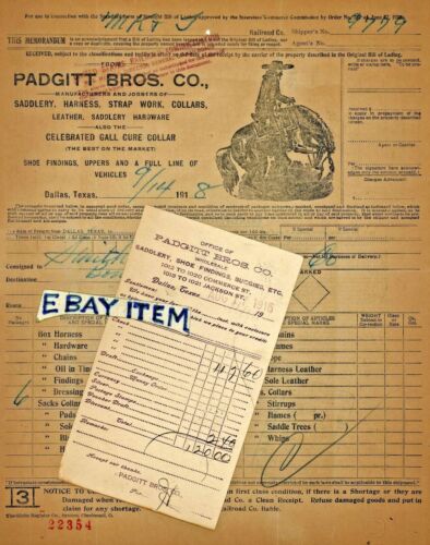 1918 LETTERHEAD 1915 post card PADGITT BROS COMPANY SADDLERY Dallas Texas GAUCHO