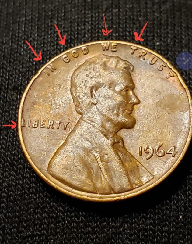 1964 Lincoln Penny No Mint Mark - Errors On Top Rim, "l" On Edge, & More. Rare!