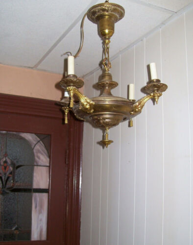 Antique Brass Chandelier 4 Arm Hanging Light Fixture Victorian Vintage