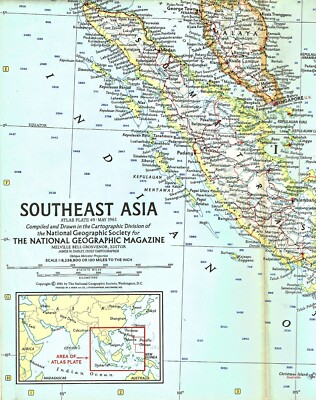 1961-5 May Vintage Map SE SOUTHEAST ASIA National Geographic Map (543)
