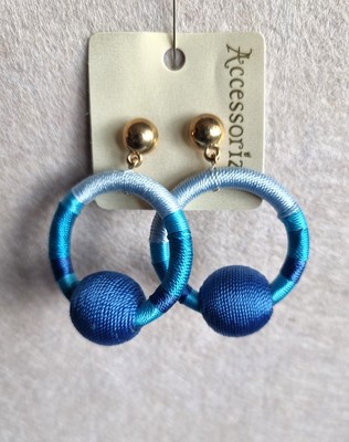 ACCESSORIZE,  GOLD TONE, BLUE SILK WRAPPED DOOR KNOCKER EARRINGS ~ SW20