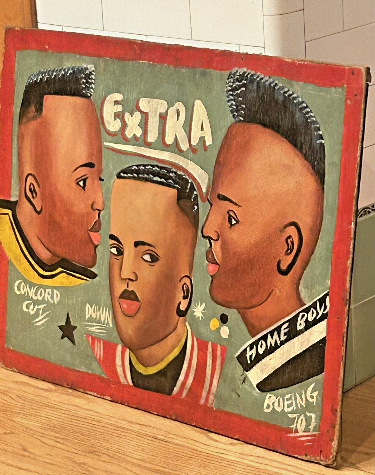 Hand-Painted Barbershop Sign from Ghana, Africa Outsider/Naive/Folk Art  Vintage