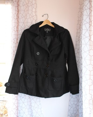 Hooded Black Wool Peacoat Jacket Size M ''Outer Edge'' Silk Lined, Very Warm