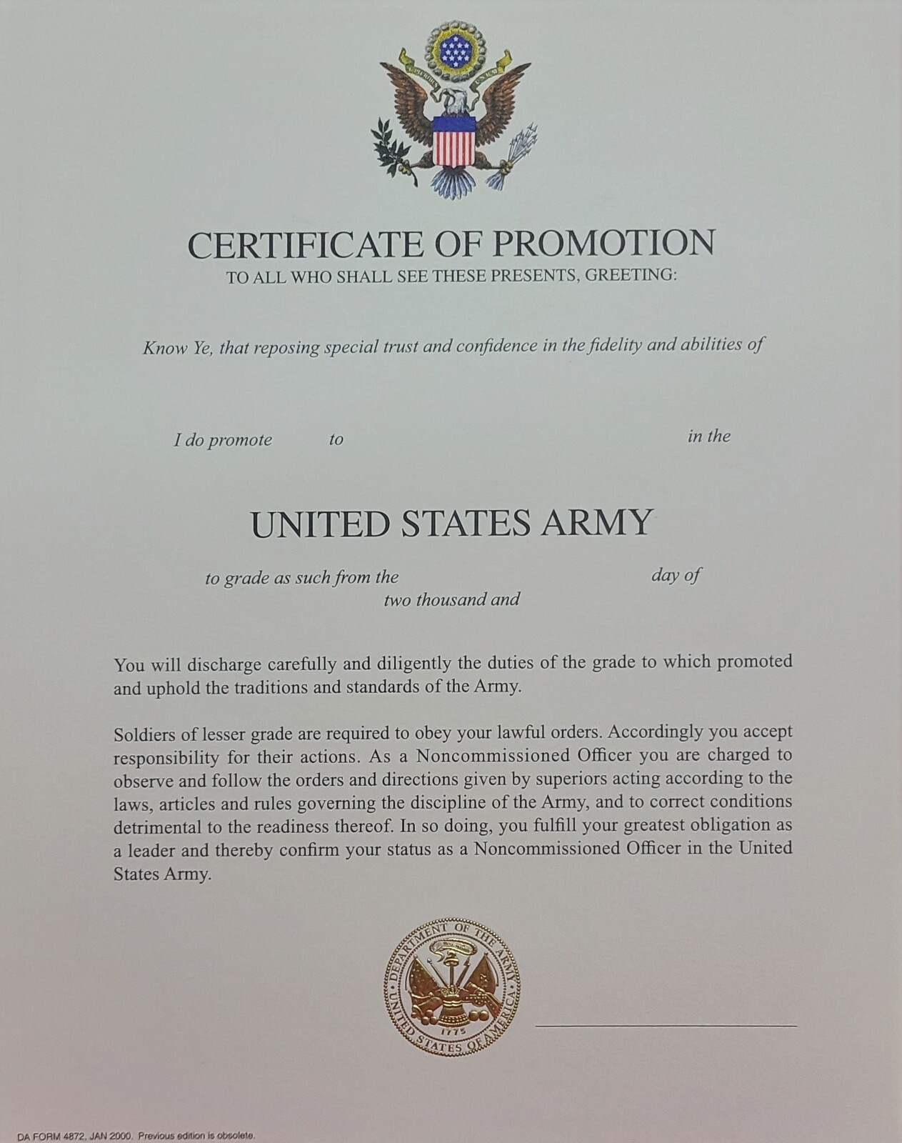 army-nco-promotion-certificate-sgt-e5-thru-sgm-e9-ebay