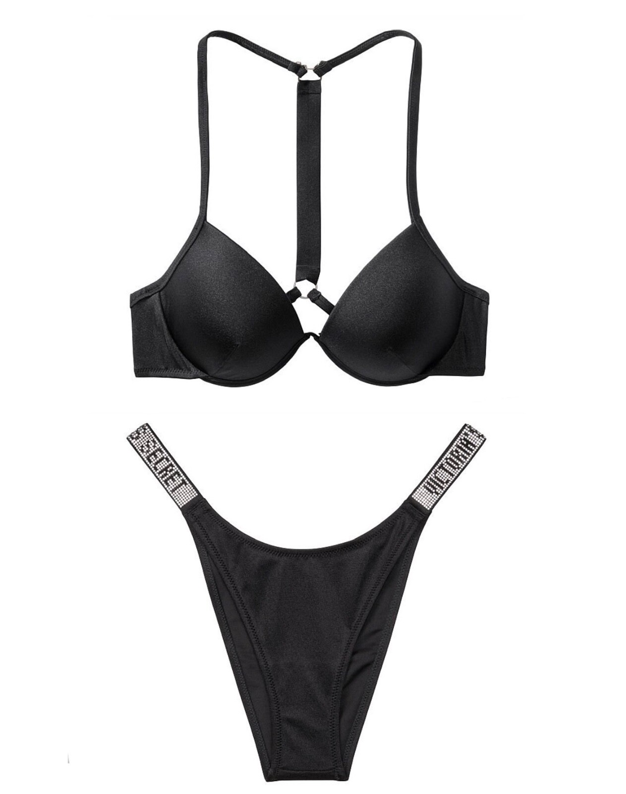 

Victorias Secret Shine Strap Fabulous Push Up Top Бразильский комплект для плавания Черный