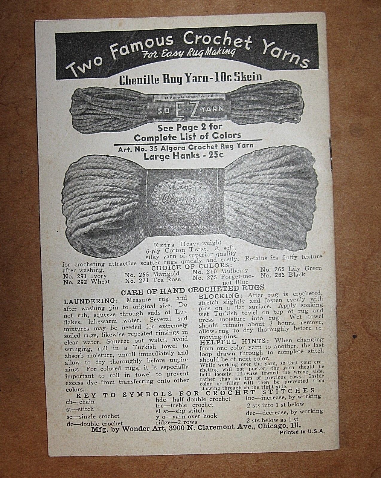 Vintage 1941 Fixler WONDER ART Crochet Hook Rug Pattern CATALOG