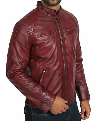 NEW Men Handmade Genuine Sheepskin Real Leather Jacket Soft Burgundy Biker Coat