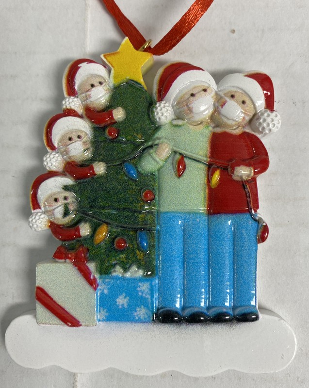 2020 Christmas Ornament Family Of 5 With Masks Decorating Tree