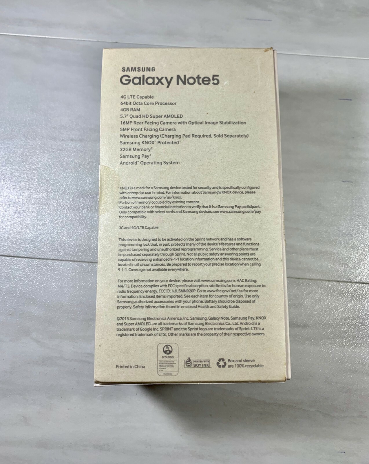 Samsung Galaxy Note 5 32 gb BOX ONLY (Sprint) w/Sleeve--No Phone---RARE