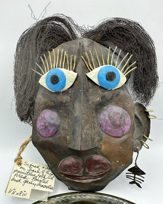 VINTAGE WHIMSICAL SIGNED AND DATED PRIMITIVE BRONZE FOLK ART COPPER MASK ~ VADRA