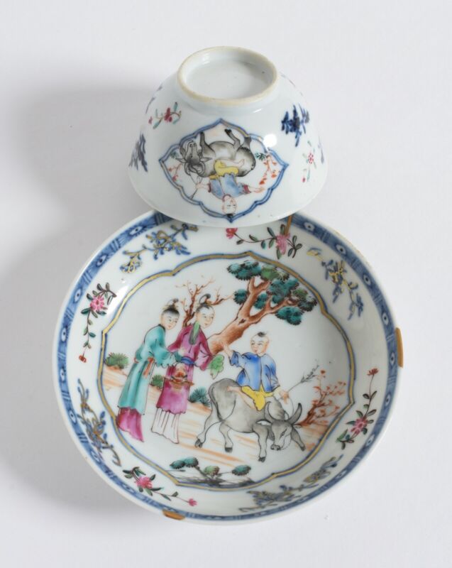 Boy on Ox Buffalo Chinese 1700s Yongzheng Porcelain Tea bowl and saucer. 18thC.