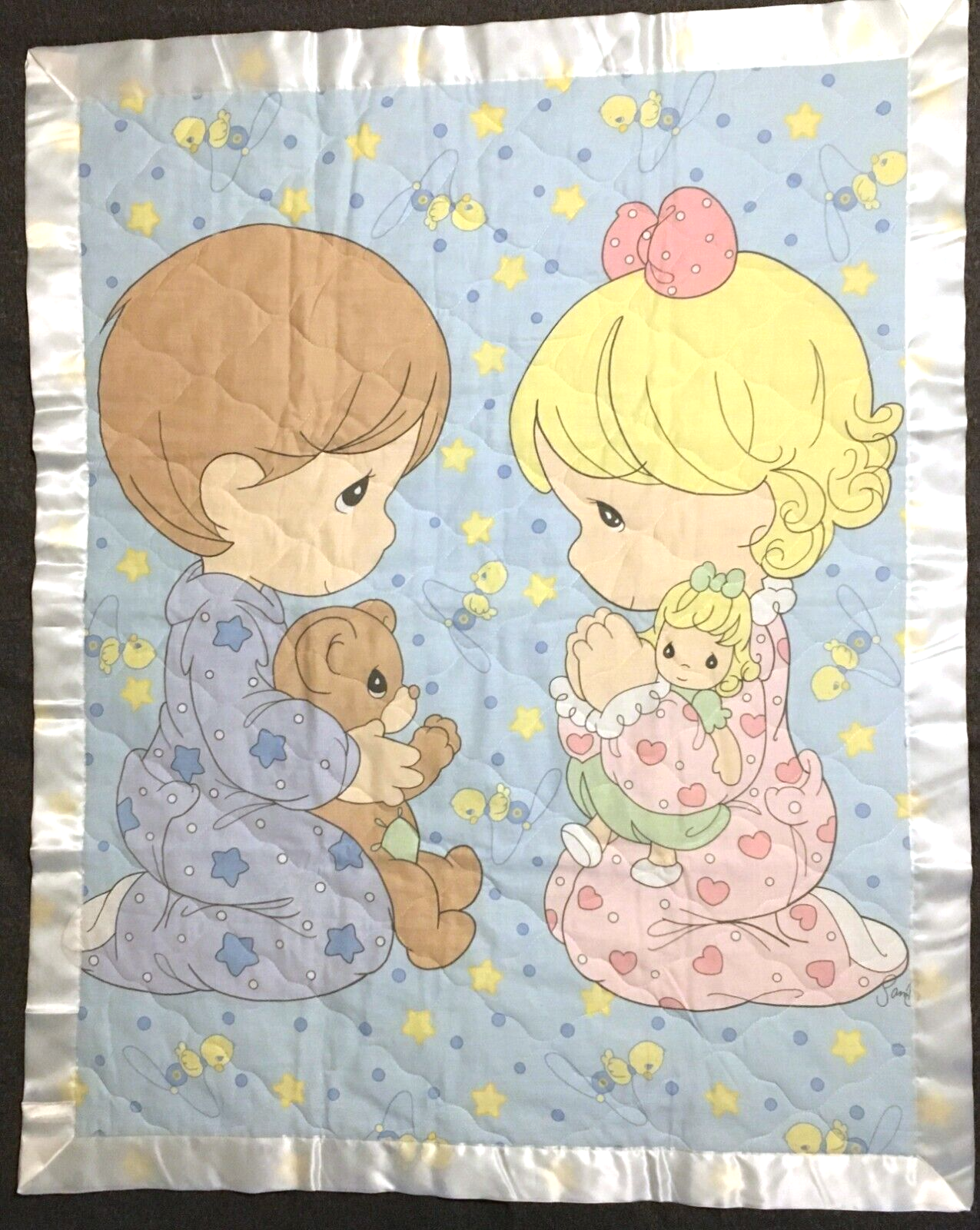 Precious Moments Boy Girl Baby Quilt 32.5x40" Satin Trim Pas
