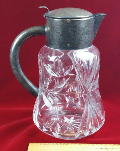 Antique Cut Crystal Pitcher with Silver Plate Top, Germany c.1930