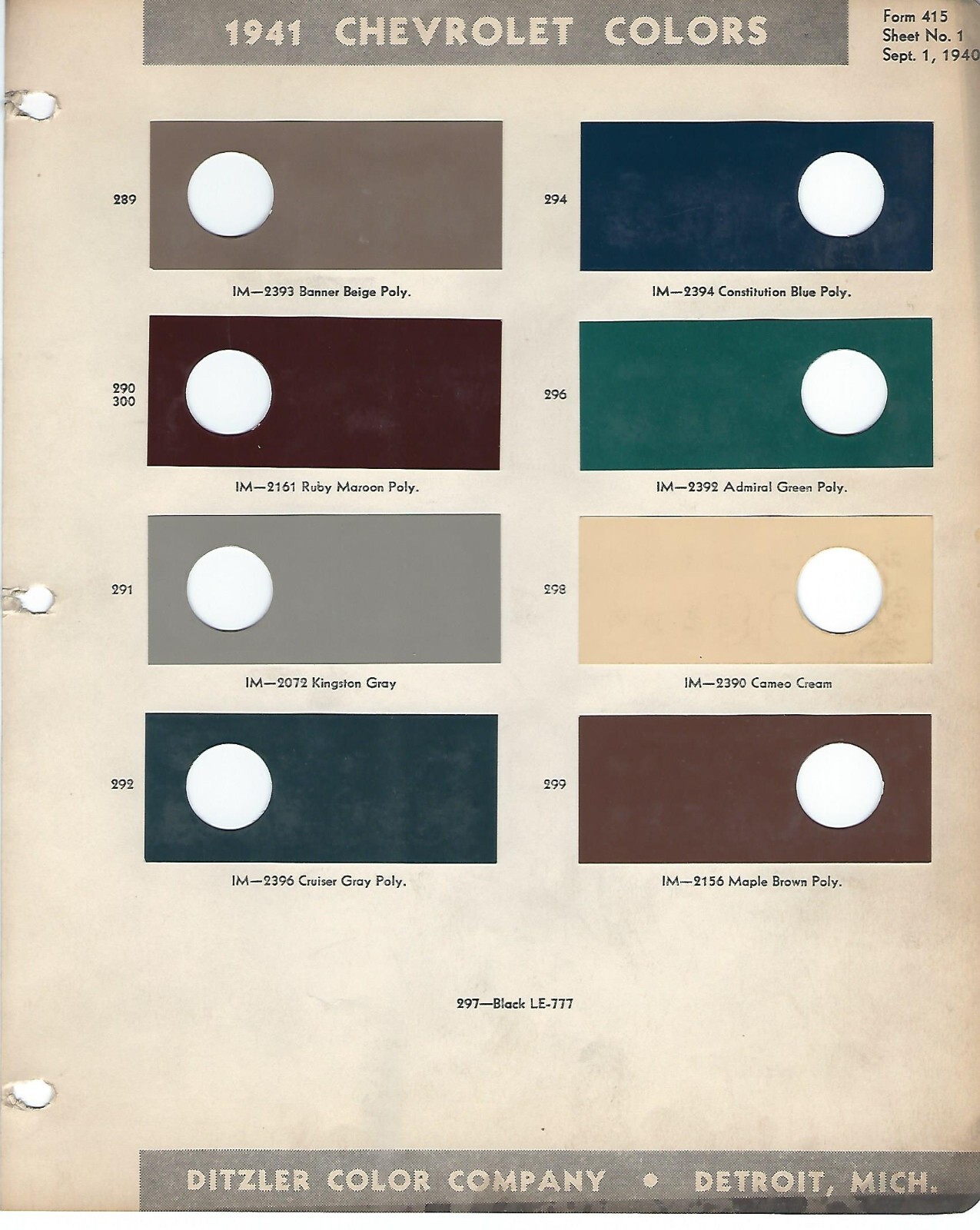 COLOR GUIDE セット 1, 2, 3 1941 Chevrolet (CAR) Car Paint Chips Ditzler
