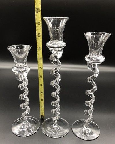 Set of 3 Delicate Staggered Size Long Twisted Spiral Stem Glass Candle Holders