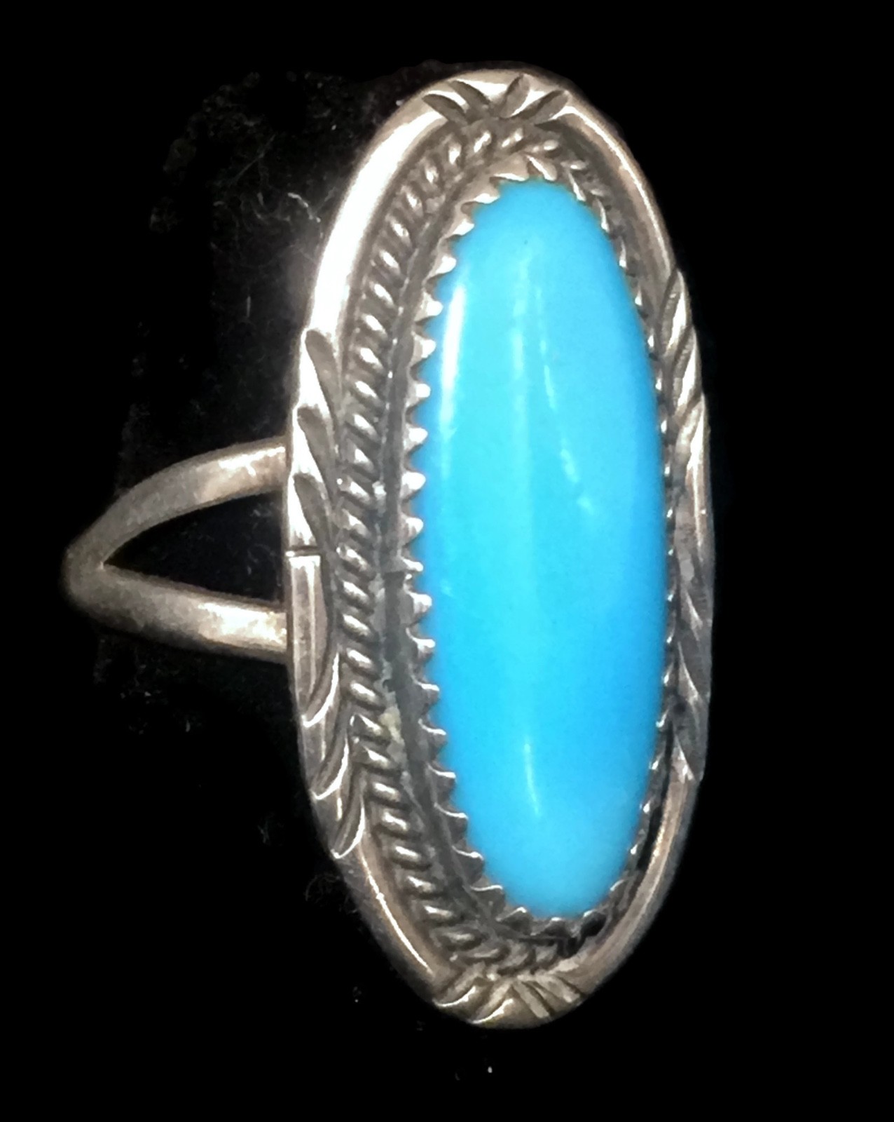 Vintage Long Turquoise Southwest Tribal Sterling Silver Ring Size 6.25