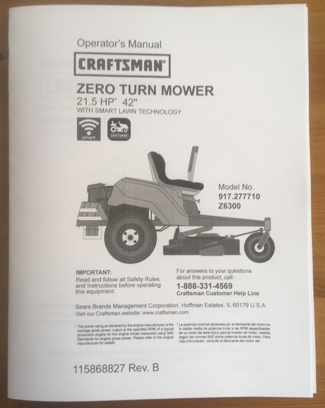 Owner’s Manual Sears Craftsman Z6300 Zero-Turn Riding Mower - Model 917