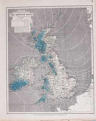 STANFORD'S 1889 HAND COLOURED MAP BRITISH ISLES ANNUAL RAINFALL RIVER BASIN 